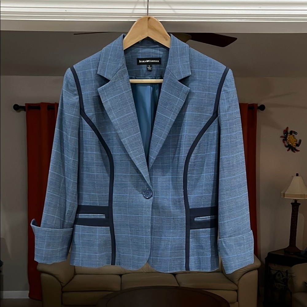 Jessica McClintock Vintage Blue Plaid One Button Blazer Jacket Womens Size 8